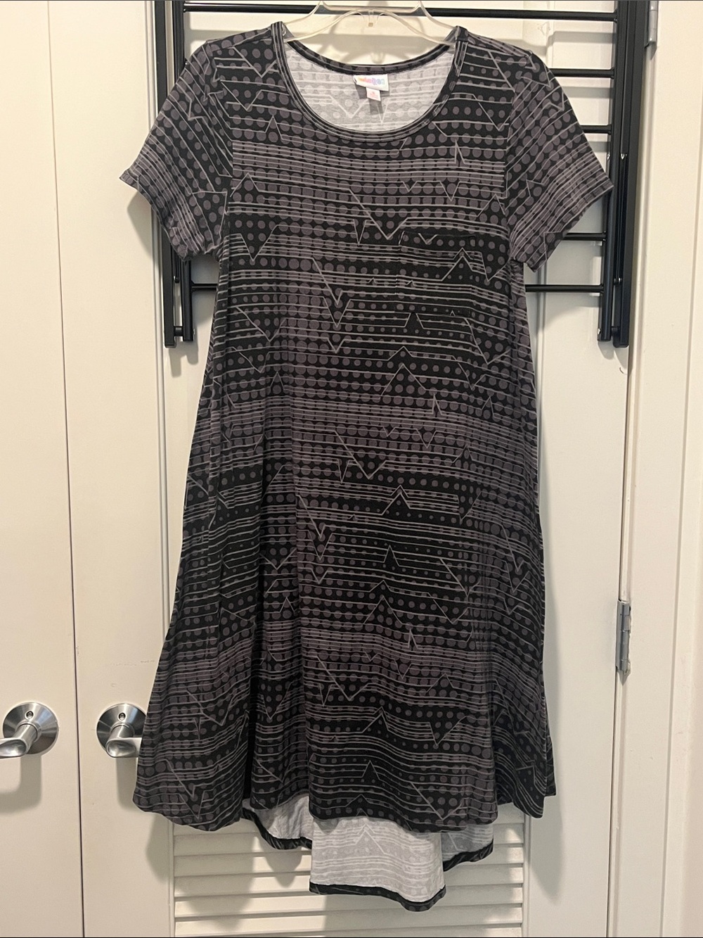 LuLaRoe Carly High-Low A-Line Dress in Charcoal and Black Geometric Print